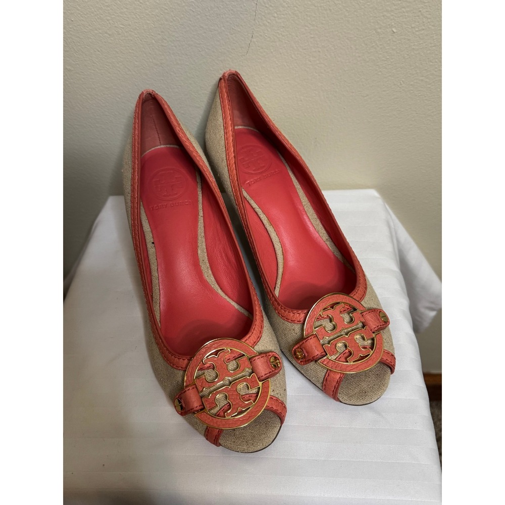 Tory Burch Amanda 65mm Open Toe Wedge Natural Strawberry Pink Canvas Leather 8